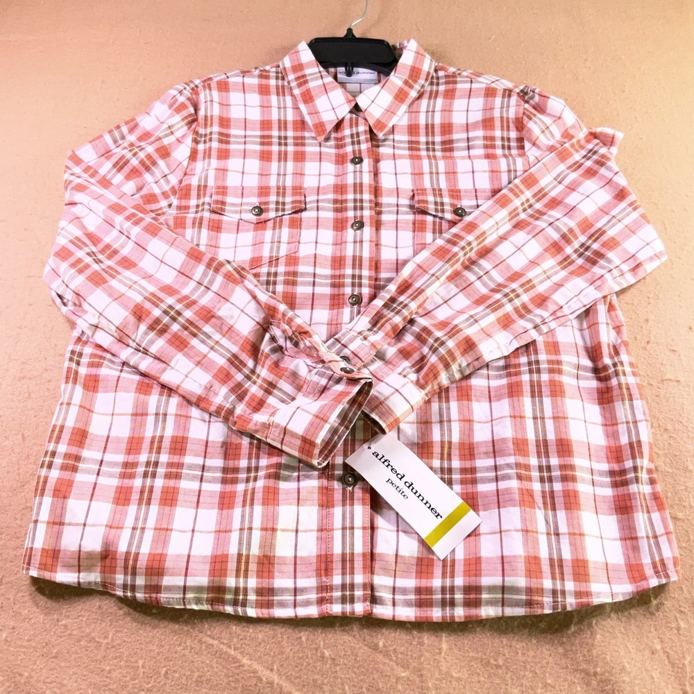 Alfred Dunner Autumn Collage Plaid Button Down Shirt Orange White Metallic 14P